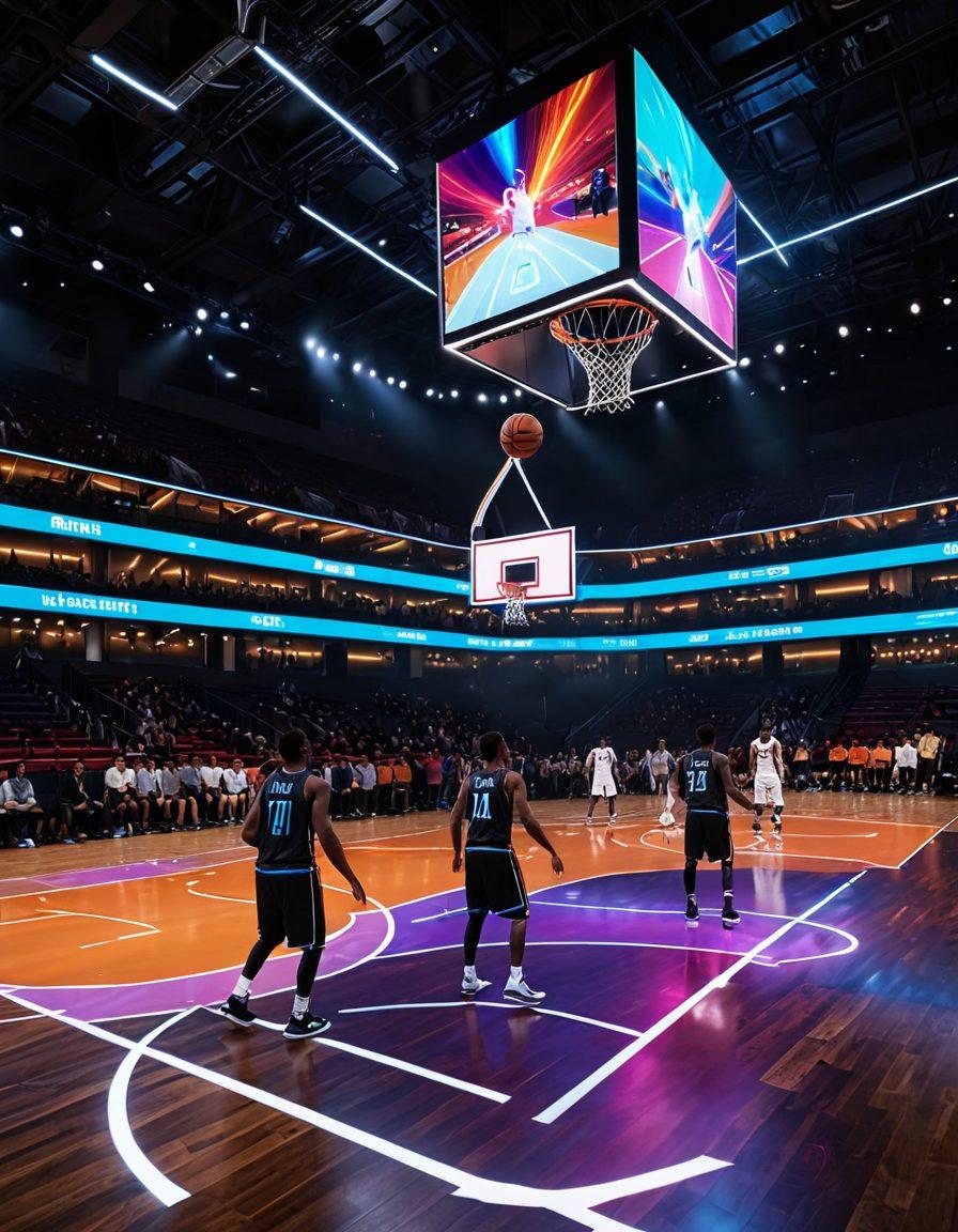 A dynamic scene representing innovative technologies and solutions inspired by Kobe style, featuring a Kobe-style basketball court integrated with futuristic technology, bright neon lights highlighting creative concepts. Envision abstract shapes symbolizing ideas floating above the court, blending sports and innovation harmoniously. Energetic atmosphere with creators brainstorming and interacting. vibrant colors. super-realistic. 3D.