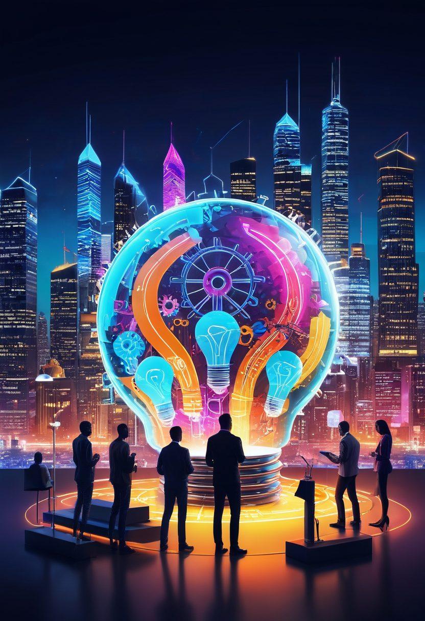 A dynamic illustration of a diverse group of innovative thinkers collaborating around a digital interface, each contributing ideas visualized as colorful lightbulbs and gears. In the background, a futuristic cityscape symbolizes progress and technology, while vibrant colors express creativity and energy. The atmosphere is optimistic, conveying the transformation from ideas to impactful solutions. super-realistic. vibrant colors. 3D.