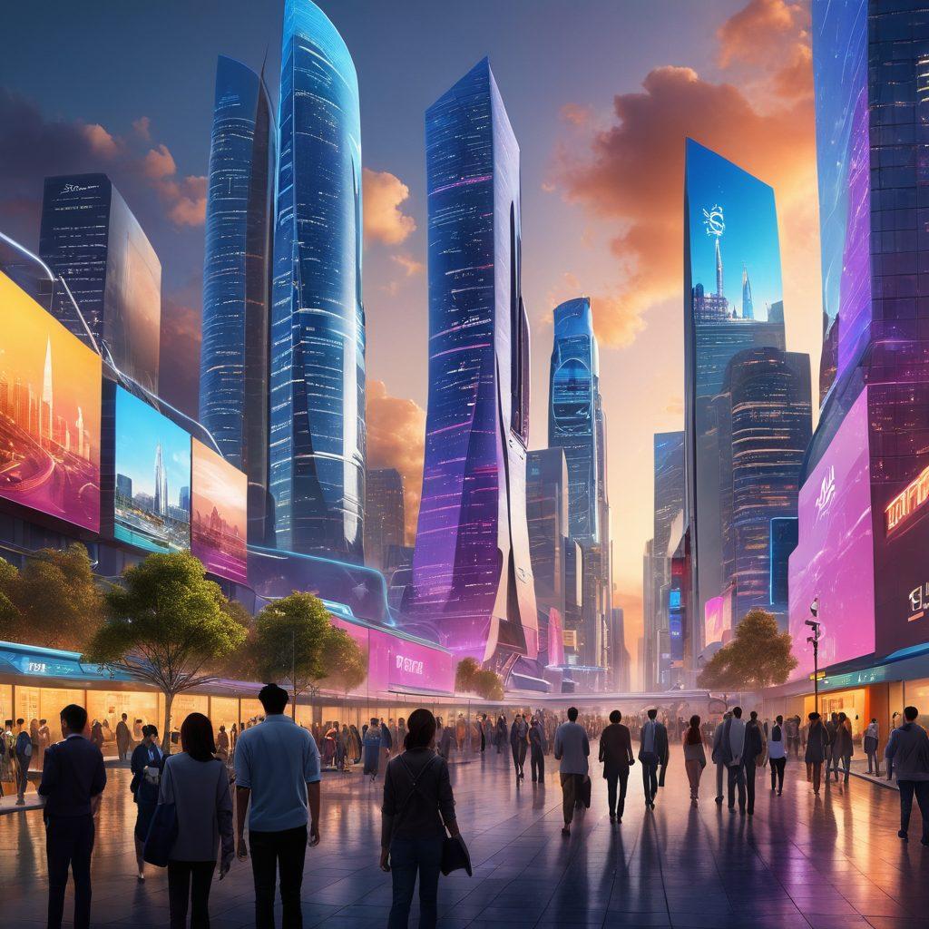 A futuristic city skyline representing innovation, with Kobe Technologies logo integrated into contemporary buildings. In the foreground, a diverse group of professionals collaborating over digital screens displaying graphs and concepts transforming into tangible products. Bright, dynamic colors accentuating the theme of technology and success. super-realistic. vibrant colors. 3D.